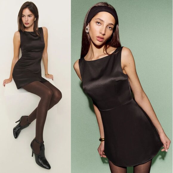 Reformation Zenni Mole‎ Brown Satin Mini Dress Jewel Neck A-Line Size 10 - Picture 2 of 11